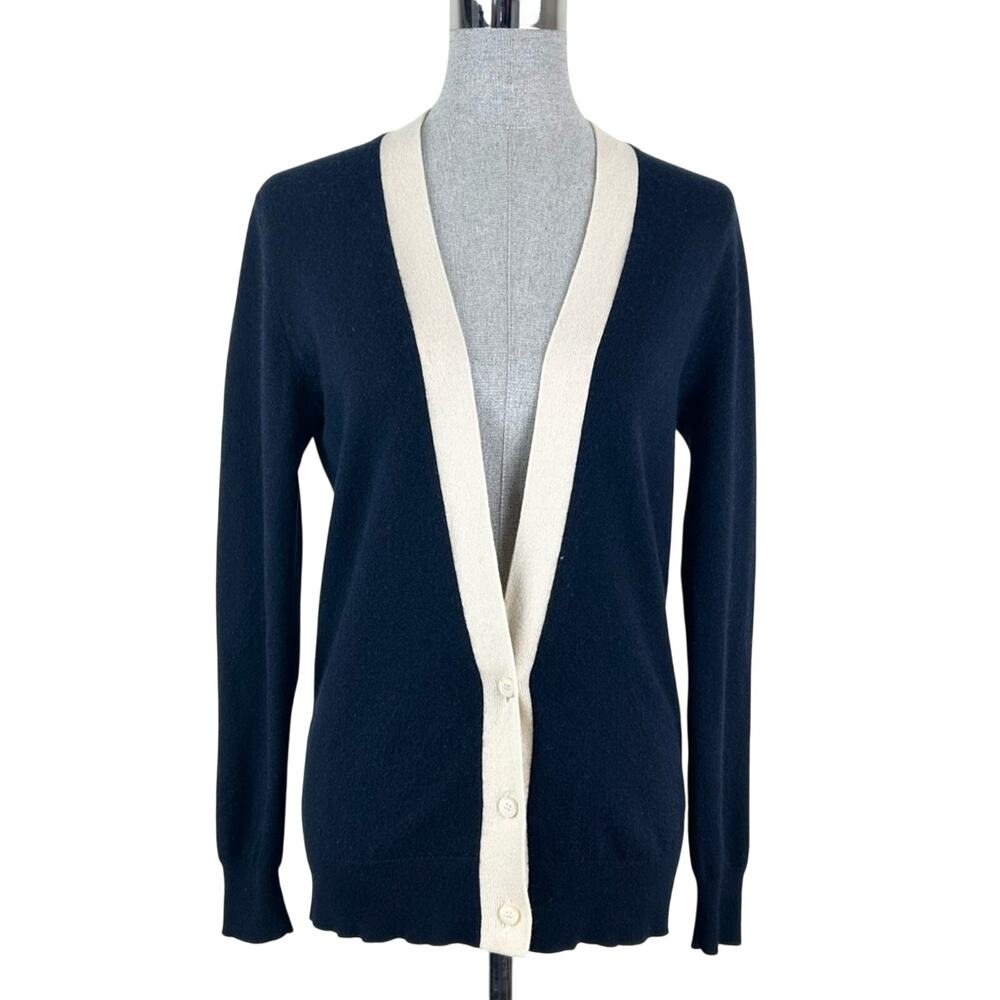 Theory Yeryina Navy‎ Blue Cream Cashmere Cardigan Size Small